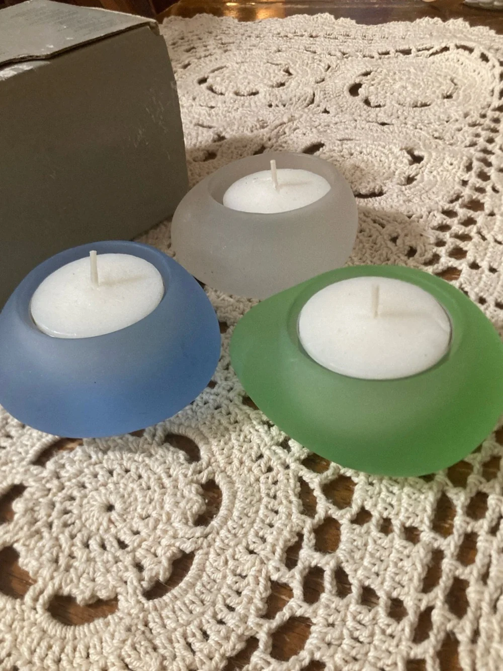 PartyLite Frosted sea glass Tea Light Holders in Blue, Green, and White